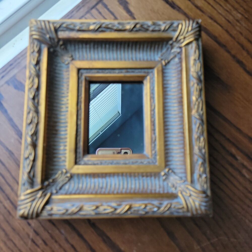 Ornate Baroque Rococo Gilt Wood Mini Mirror Vintage Carved Frame 7 x 7.75"  Deep